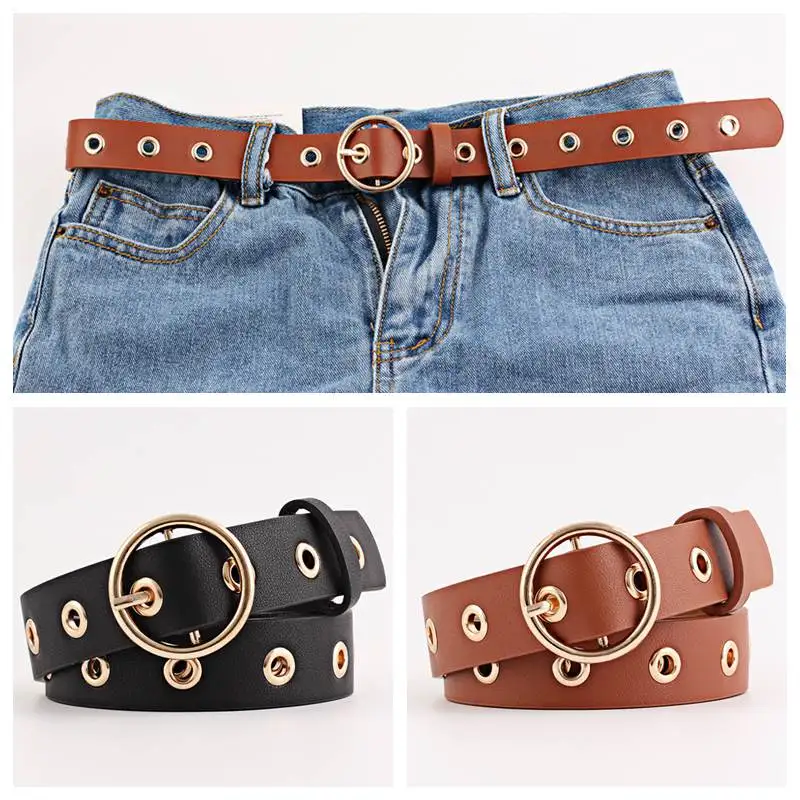 Metal Hole Belts For Women Round Buckle Black Belt Girls Ladies Soft