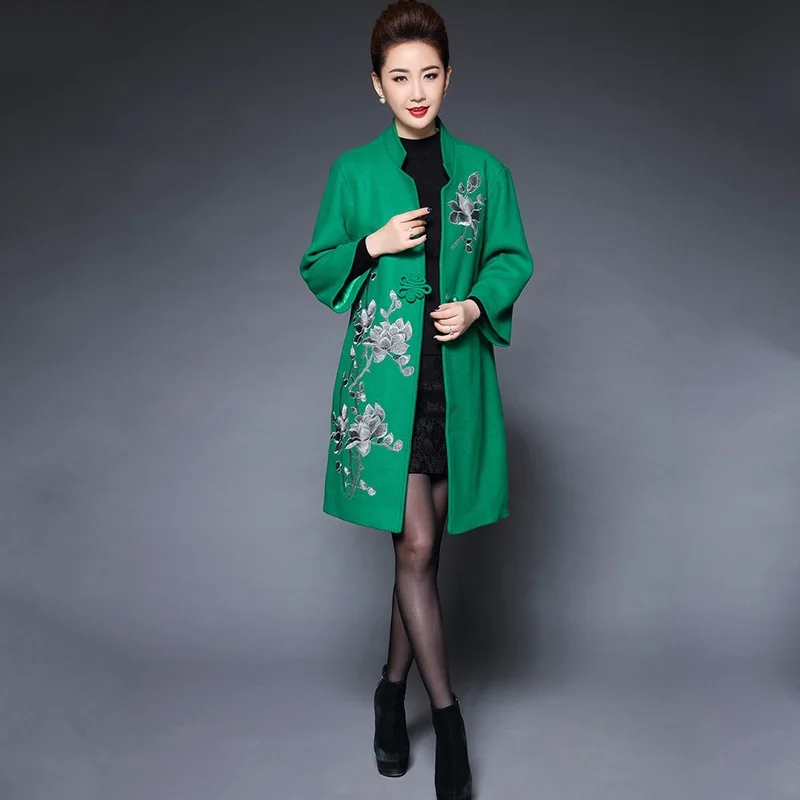 Женское элегантное шерстяное пальто для мам среднего возраста на осень и зиму, новинка, Ретро стиль, свободный стиль, длинное женское пальто с вышивкой, верхняя одежда