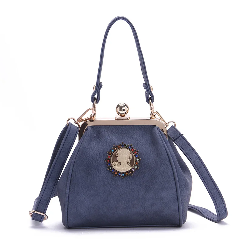 Классические винтажные матовые кожаные сумки с замком в форме поцелуя, клатч, женские сумки через плечо, женские сумки - Цвет: women bag blue