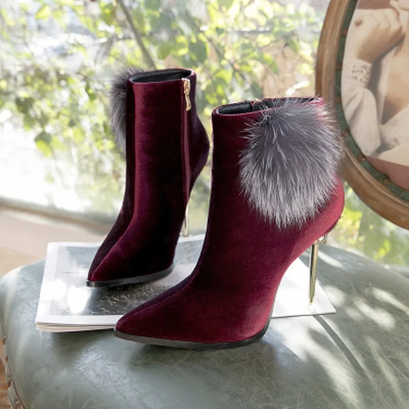 

MoBeiNi Nightclub sexy stiletto single boot suede rabbit fur bare boots flock zipper thin heels short plush solid pointed toe