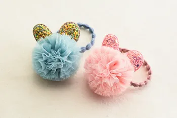 

Boutique 20pcs Fashion Cute Glitter Rabbit Ears Hair Ties Solid Gauze Pom Pom Bowknot Elastic Hair Bands Princess Headwear