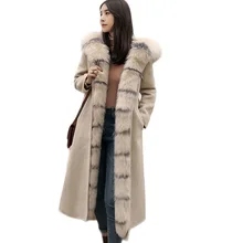 Высокое качество кашемировое шерстяное пальто женское длинное пальто женское натуральное лисьего меха воротник съемная подкладка из кроличьего меха Рекс с поясом