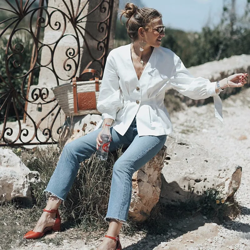 

DeRuiLaDy Women Sexy V Neck Button Long Sleeve White Blouse Shirt Elegant Tops 2018 Autumn Casual Formal Clothing Office Blouses
