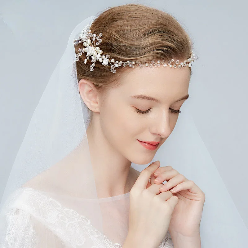 Кристаллы SLBRIDAL, стразы, Пресноводный Жемчуг, цветок, свадебная расческа для волос, повязка на голову, свадебные аксессуары для волос, для подружек невесты