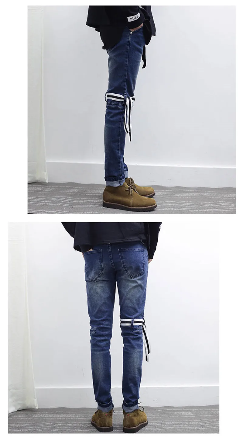 VERSMA корейский Ulzzang Harajuku SUGA узкие джинсы брюки High Street GD Ribbon Дизайнерские мужские байкерские джинсовые брюки узкие брюки