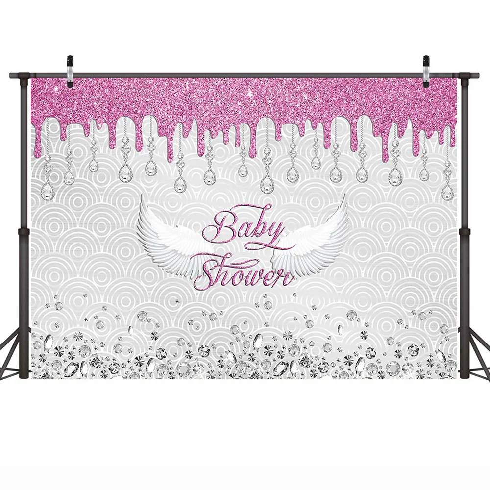 Neoback Baby Shower Photo Backdrop for Photography Newborn Angel Wing White Red Shiny Background Diamond Repeat Pattern