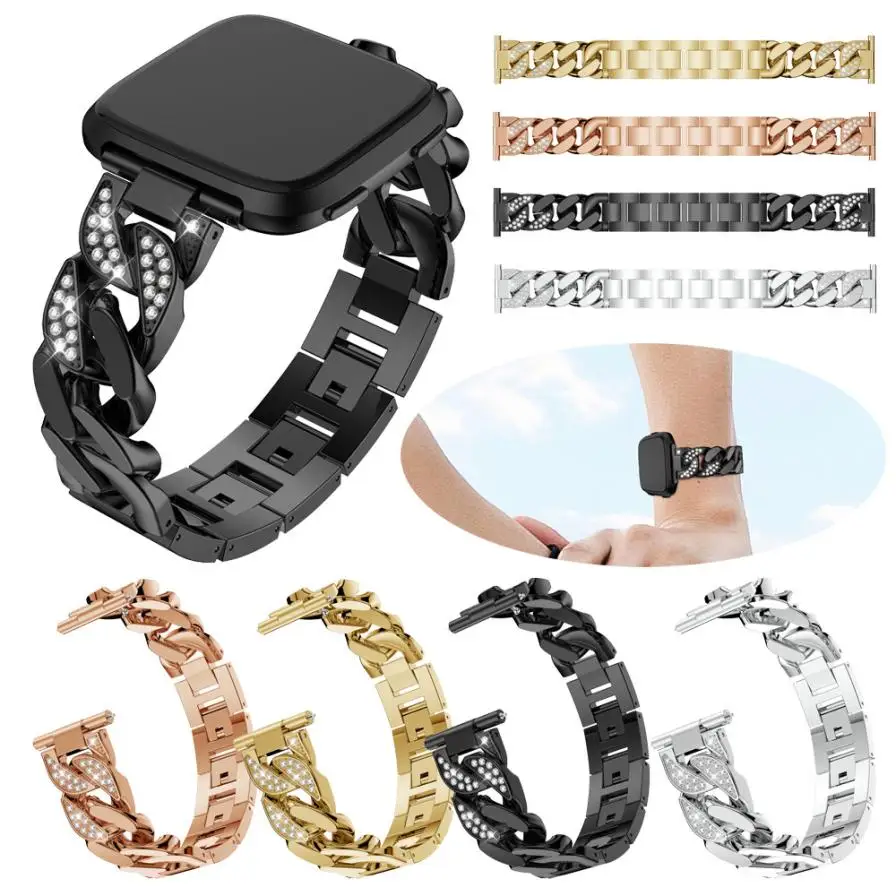 

wristband Single Row Cowboy Chain Metal Crystal Watch Band Wrist Strap For Fitbit Versa Wearable Devices Aug13