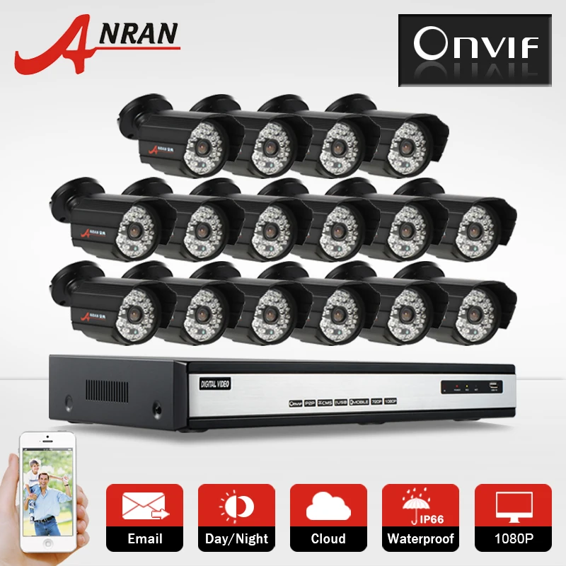 

ANRAN 16pcs 1080P 2.0Megapiexl HD 25fps Outdoor Security CCTV Network IP Camera Onvif 16CH NVR Network Surveillance Kit 6TB HDD