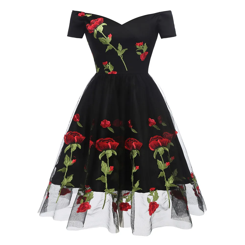 

Women Vintage Princess Floral Embroidery Cocktail Off Shoulder Party Swing Dress robe femme fashion dresses woman party night