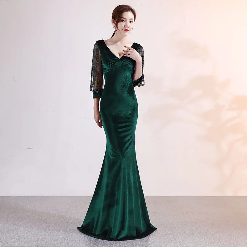 Элегантное зеленое бархатное платье с кристаллами и бисером, сетчатые рукава, v-образный вырез, длинное сексуальное платье русалки, одежда для вечеринок, платья для женщин, vestido de festa