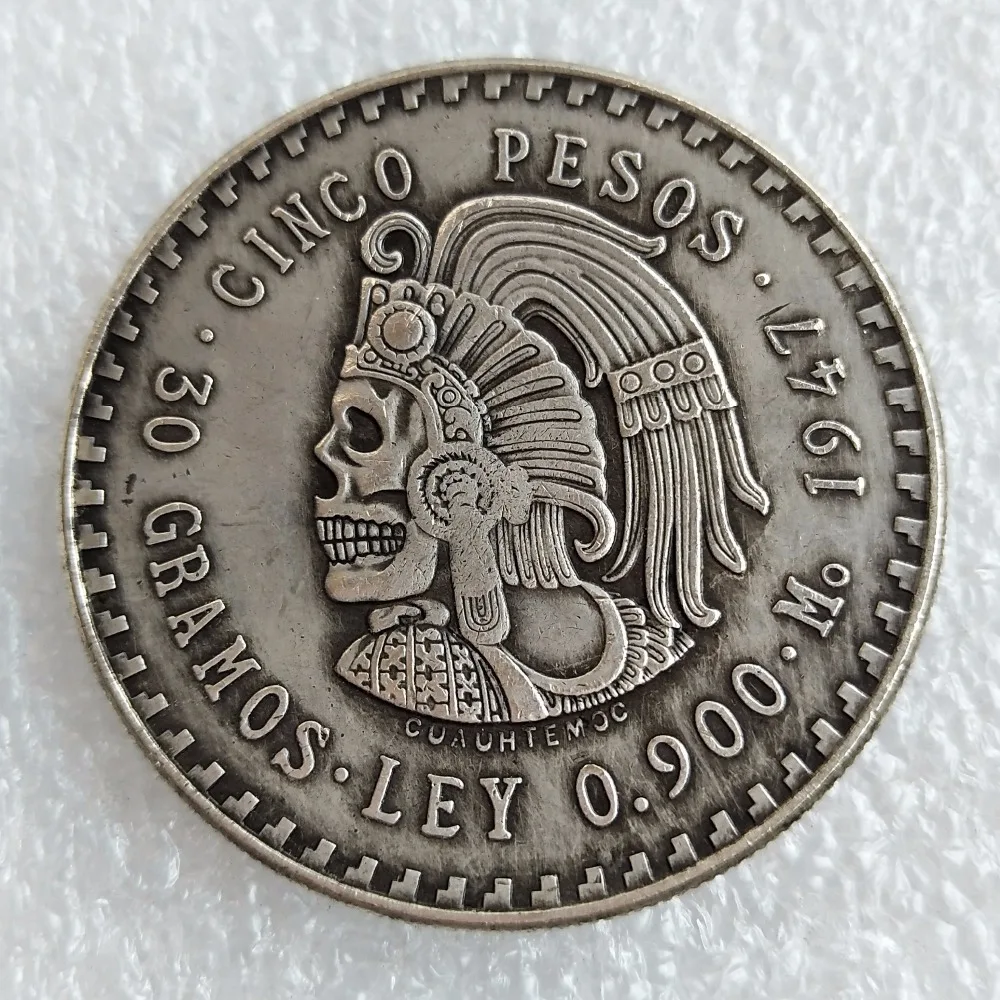 

Hobo Uncirculated 1947 Mexico 5 Pesos Silver Foreign Copy Coins Funny skull zombie skeleton Copy Coins High Quality