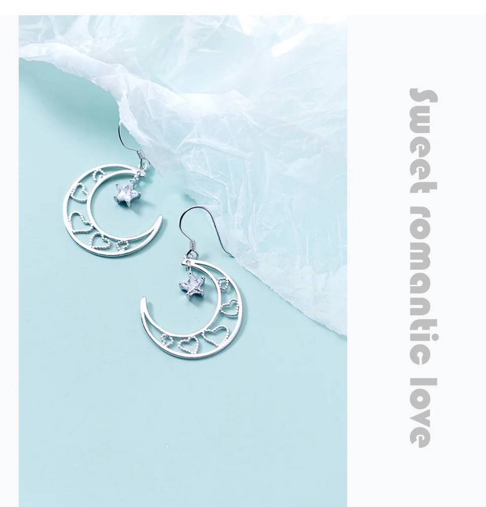 S925 Silver Moon Earrings Female Korean Hollow Romantic Love Earrings Stars Ear Fine jewelry Anniversary Gift For Girlfriends (10)