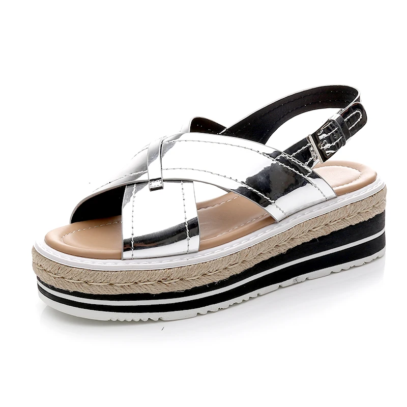 

Thick-soled wedge sandals female 2018 New Korean chic Retro cross ribbon straw women's shoes