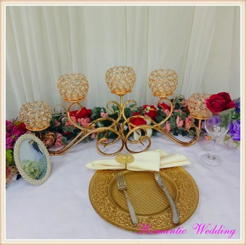 

Romantic Wedding Candelbras Party Event French Gold Metal Crystal 5 Head Candel Cups with -28.7'' long*13'' tall