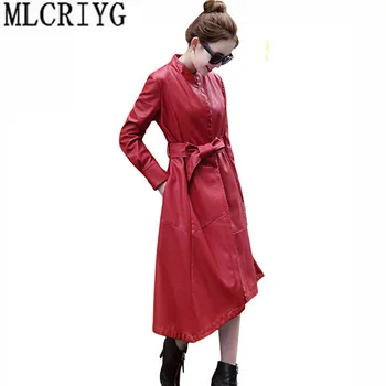 

2019 Autumn Women Washed Leather Jacket Fashion Slim irregular Long Female Motorcycle Trench Coat Outwear Plus Size M-5XL GJ253