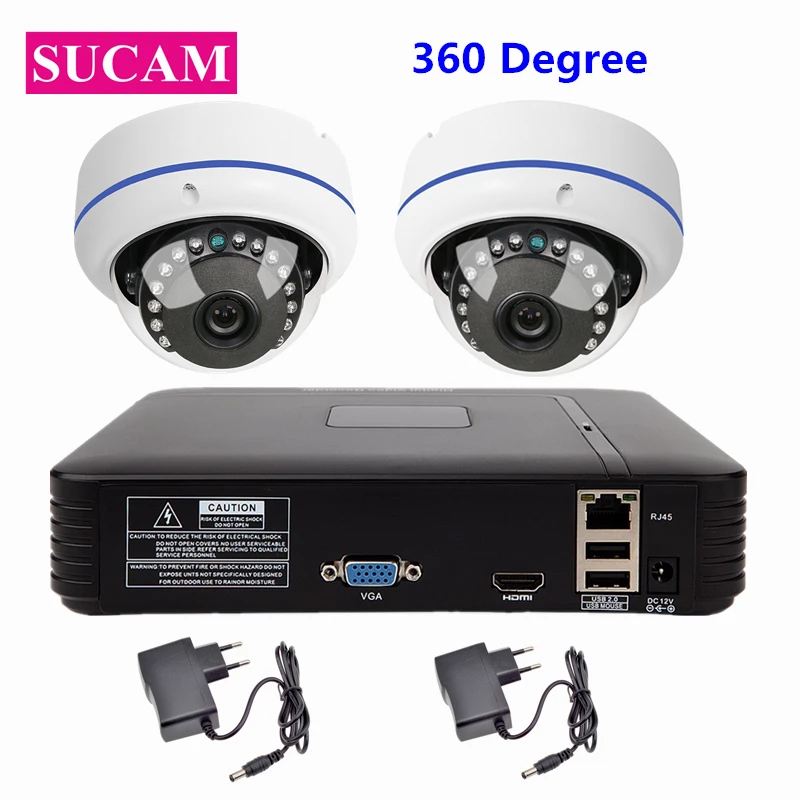 

SUCAM 2Channel Panaromic 1080P IP Network Kit 1Piece 4CH 2MP NVR 2Pcs Dome 360 Degrees Fisheye IP Camera ONVIF with Power Supply