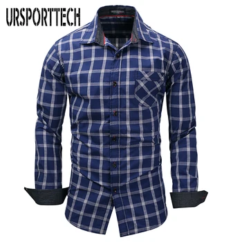 

URSPORTTECH Brand New 2019 Mens Casual Shirt Denim Long Sleeve Slim Fit Striped Shirts Business Camisa Breathable Dress Shirt