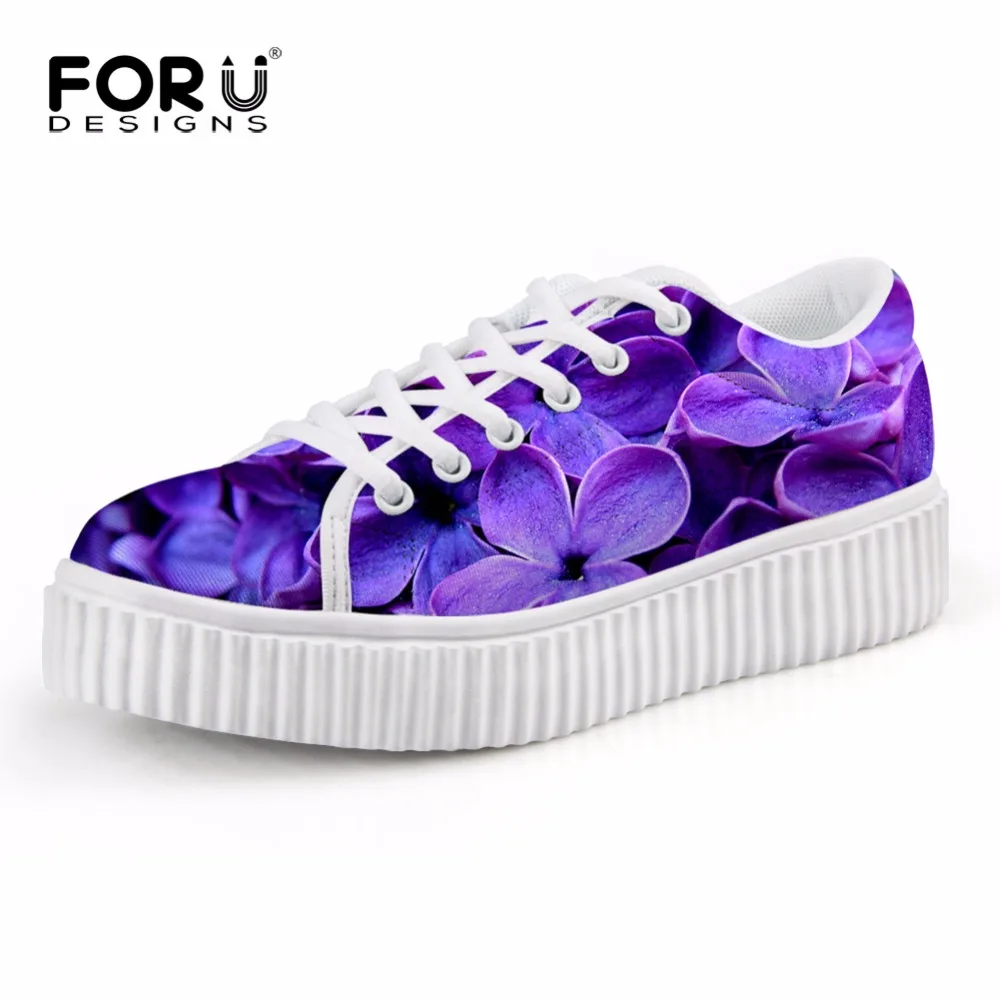 

FORUDESIGNS Fashion Women Height Increasing Platform Shoes 3D Pretty Flower Printing Low Lace-up Shoes for Woman Casual Creepers