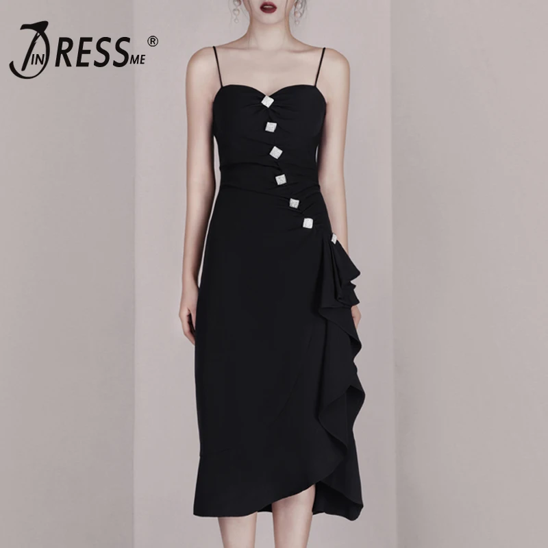 

INDRESSME New 2019 Elegant Ruched Skinny Spaghetti Strap Asymmetrical Ruffle Embellished Midi Dress Lady Party Dress Vestidos