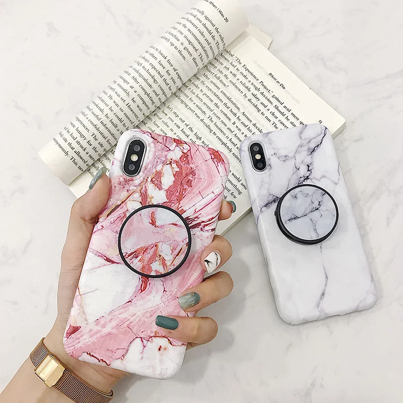 

Pink White Marble For iPhone Xs XR Max Mobile Phone Shell For iPhone6s 7 8 Plus Telescopic Bracket Mobile Phone Protective Case