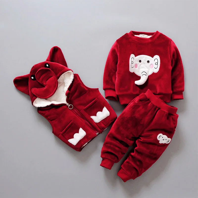 

Baby Girl Boy Clothing Sets 2018 Autumn Winter Warm Animal Elephant Toddler Hooded Vest+Shirt+Pants 1-4 Years Kid Clothes Suit