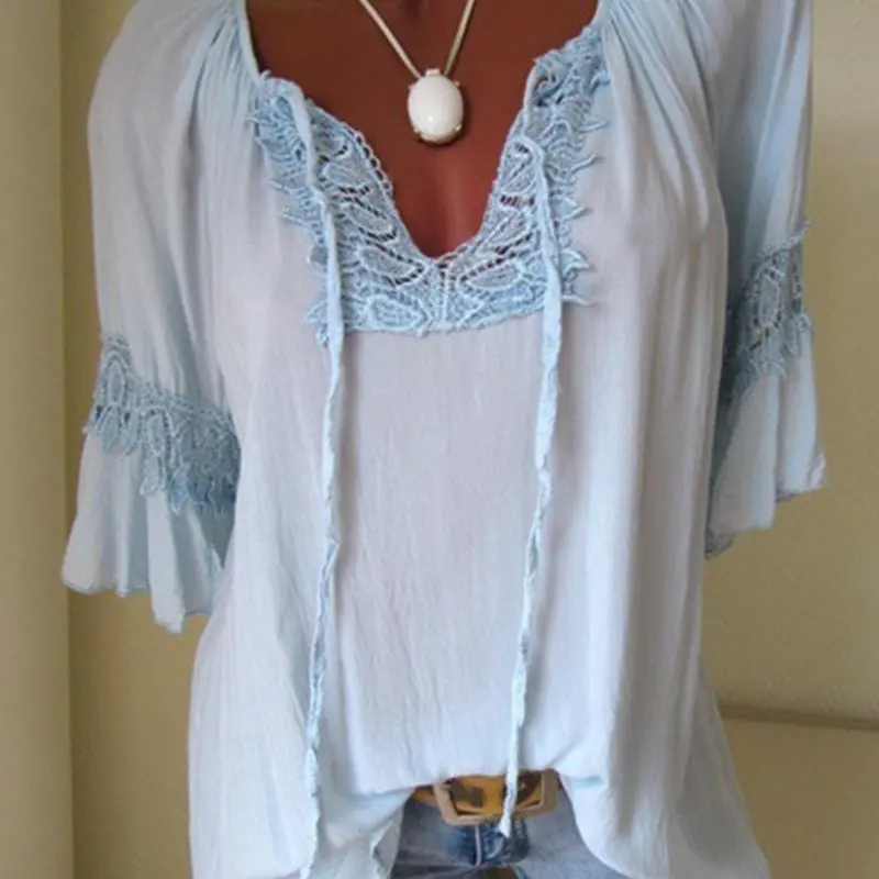 

2019 summer new large size T-shirt one word collar solid color stitching loose 7 points sleeve large size shirt cotton shirt