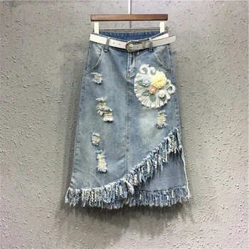 

Tassel Irregular Women Skirts 2018 Summer New Flower Pearl A-line Sexy Denim Skirts Female Bottoming Female Clothing