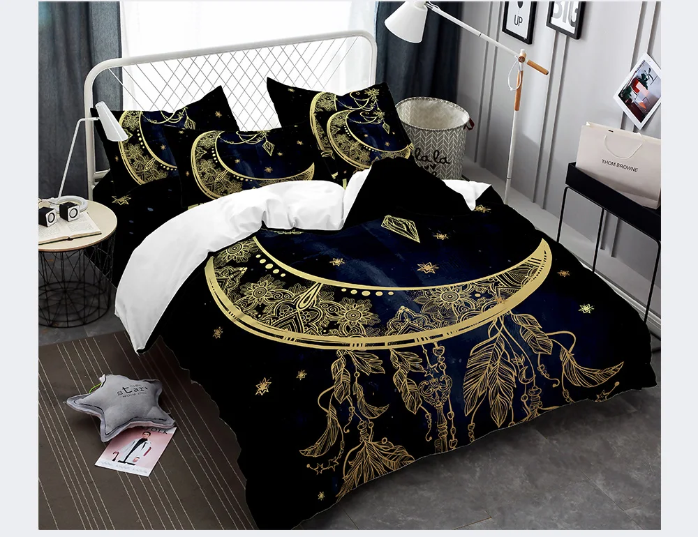Golden Mandala Flowers Star Moon Duvet Cover Black Dark Blue