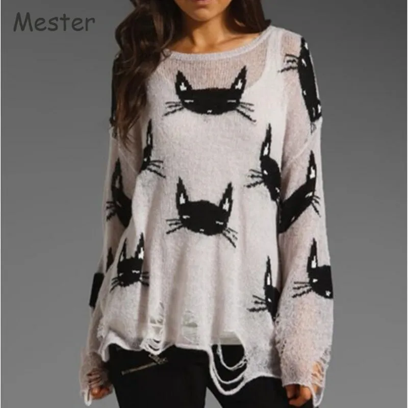 

Women Ripped Sweater O Neck Long Sleeve Cat/Butterfly Print Distressed Sweater Tops Thin Knitted Pullovers Sweaters with Holes