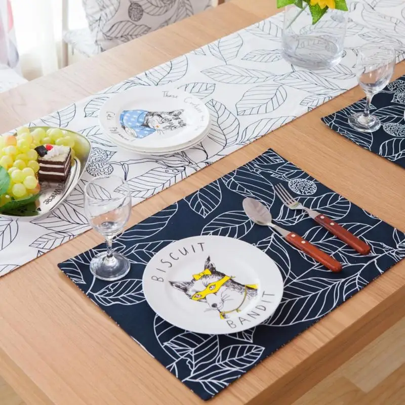 Leaves Printed Placemat Dining Cotton Linen Table Mat Disc Tableware Pads Heat Insulation Non-Slip Coaster Kitchen Decoration