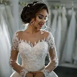Vestidos De Noiva 2019 Кружева Свадебные платья с аппликацией с длинным рукавом шаровые кнопки платье принцессы; Robe De Mariage свадебные платья