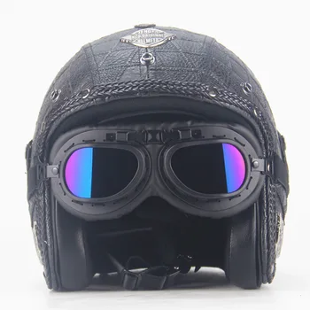 

Adult Leather Helmets 3/4 Motorcycle Helmet High quality Chopper Bike helmet open face vintage motocros
