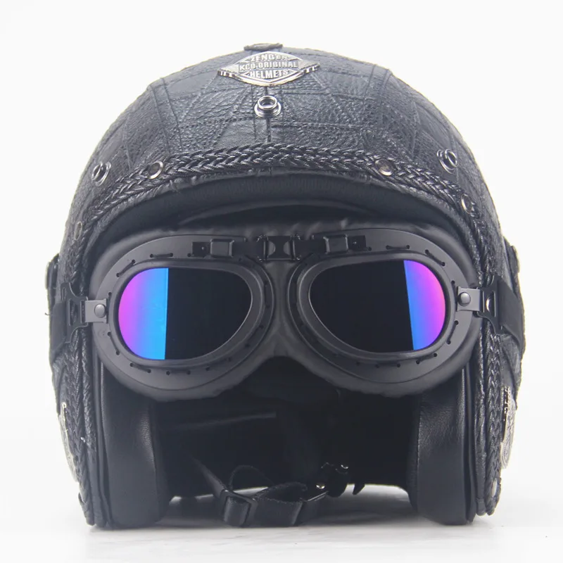 Najtaniej Dorosłych skórzane kaski 3 4 kask motocyklowy wysokiej jakości rower chopper kask otwarta twarz rocznika motocros