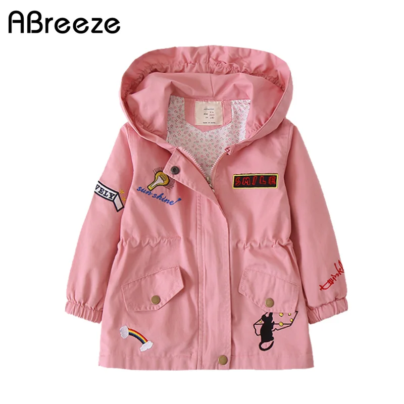 

Abreeze Brand Designer Autumn Girls Coats Embroidery Kids Jacket Cartoon Patchwork Hooded Baby Girl Windbreaker