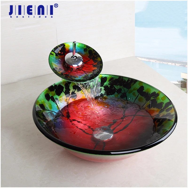 

JIENI Waterfall Tempered Glass Vessel Round Bathroom Sink Sink With Solid Brass Chrome Faucet Wash Basin Set