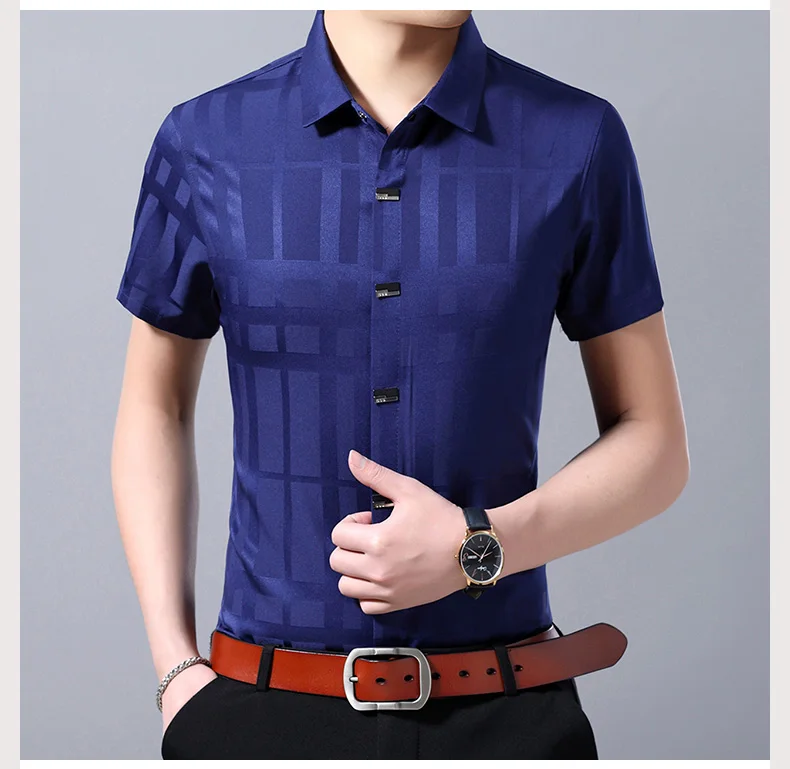 Брендовая Повседневная летняя Роскошная облегающая Мужская рубашка в клетку с коротким рукавом, уличная одежда, мужские модные рубашки Джерси 21005