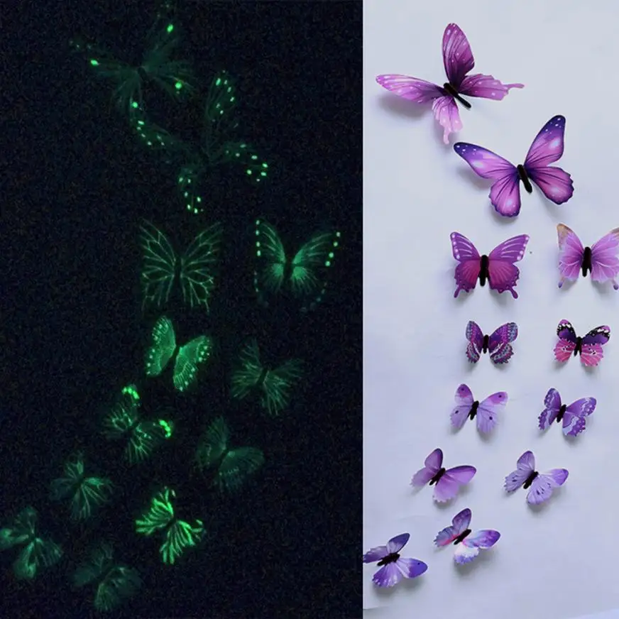 12pcs Luminous glow in dark Butterfly Design Decal Magnetic magnet sticking 3D double feather butterfly fridge stickes 802