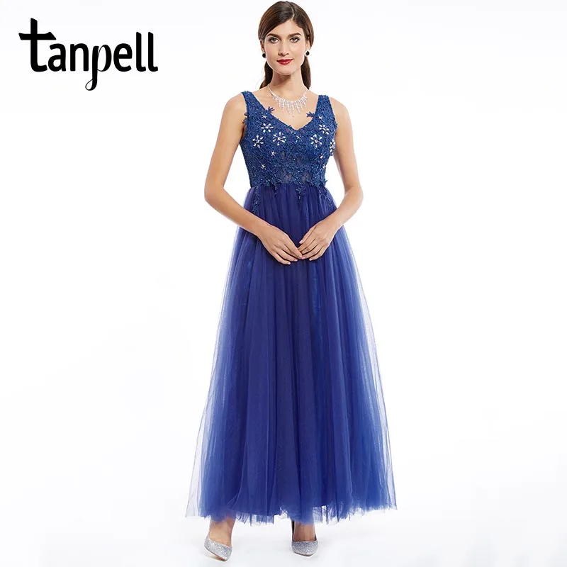 Tanpell v neck prom dress dark royal blue sleeveless ankle length a line dresses formal evening cheap beaded appliques prom gown