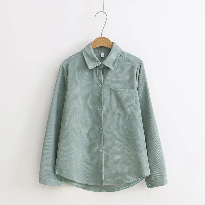 Осенняя Вельветовая рубашка Blusa Feminina, повседневная винтажная женская рубашка с длинным рукавом, топы, облегающие Блузы с отложным воротником, женские топы Q651 - Цвет: Green