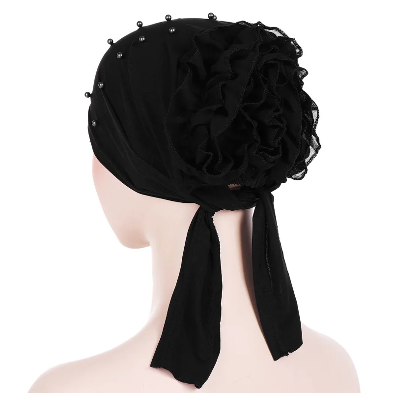 Мусульманские женщины стрейч шарик хлопок твердый тюрбан с цветком шляпа рак шапочка при химиотерапии головной убор предварительно связанный шарф аксессуары для выпадения волос