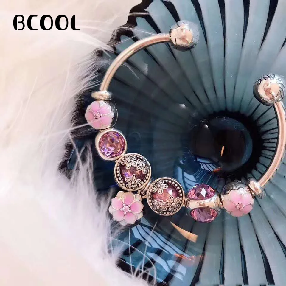 

100%925 Sterling Silver Original Copy 1:1 Retro Silver Charm Bracelet Magnolia Crystal Beads Fine Bracelet Women's Jewelry