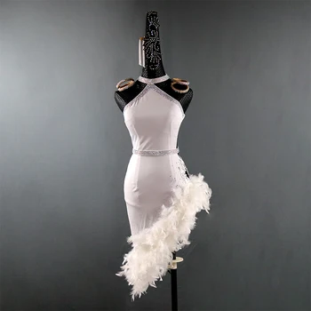 

Luxury White Feather Latin Dance Dress Women Girls Latin Dance Performance Clothing Adult Kids Ballroom Competition Costume