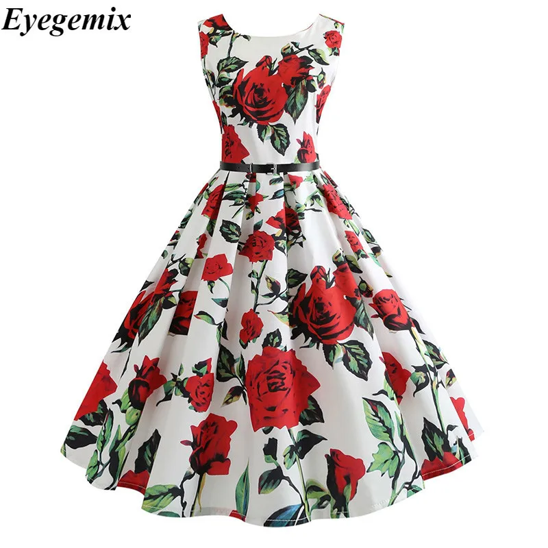 

Summer Dress 2019 Vintage Rockabilly Dress Jurken 60s 50s Retro Big Swing Floral Rose Formal Audrey Hepburn Women Dress Vestidos