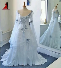 Vintage A Line Wedding Dresses White Silvery Bead V Neck Corset Long Bell Sleeves Appliques Flowers Medieval Bridal Gowns