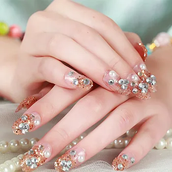 

24pcs/boxed back with glue Pre design with Golden Luxury Rhinestone Flower Bride Nail tips Oval head Full Cover False Nails