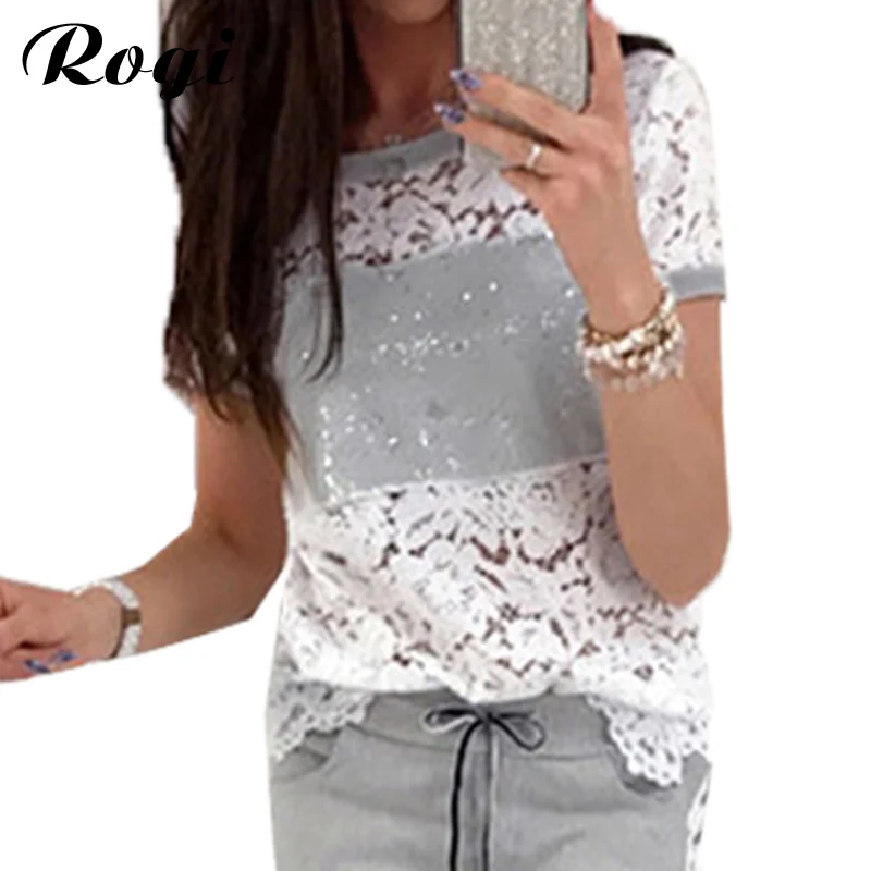 

Rogi Lace Crochet T-Shirt Women 2019 Summer Fashion Short Sleeve Hollow Out Shirts Female Casual Slim White Jumper Tee Tops