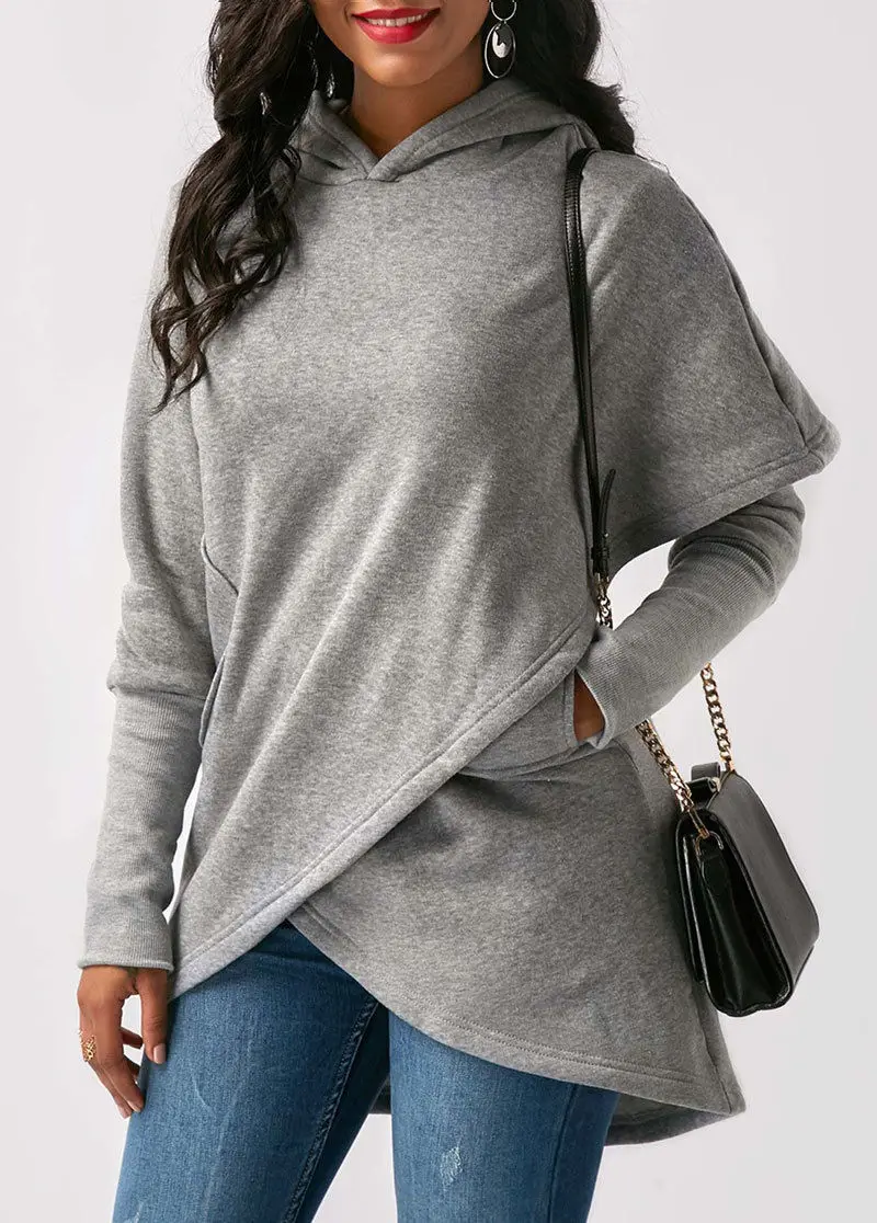 Модная женская Повседневная Толстовка с длинным рукавом джемпер пуловеры Топы Рубашки Женская Асимметричная карманная рубашка - Цвет: Серый