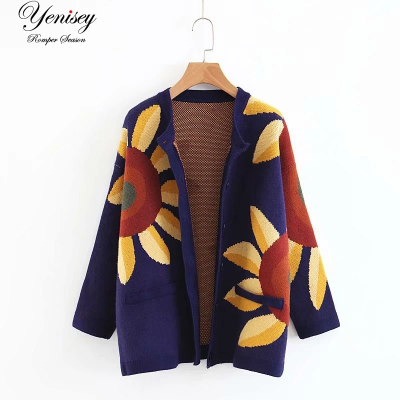 

Lin family 80-8752 European and American fashion wind sunflower knitted cardigan jacket