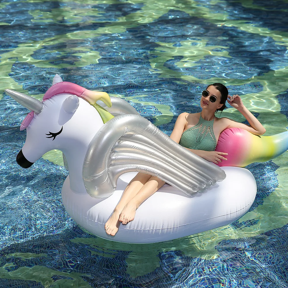 

275cm Inflatable Rainbow Sea Horse Gaint Pool Float With Silver Wings Sunbathe Mat Unicorn Swimming Rings Beach Water Party Toys