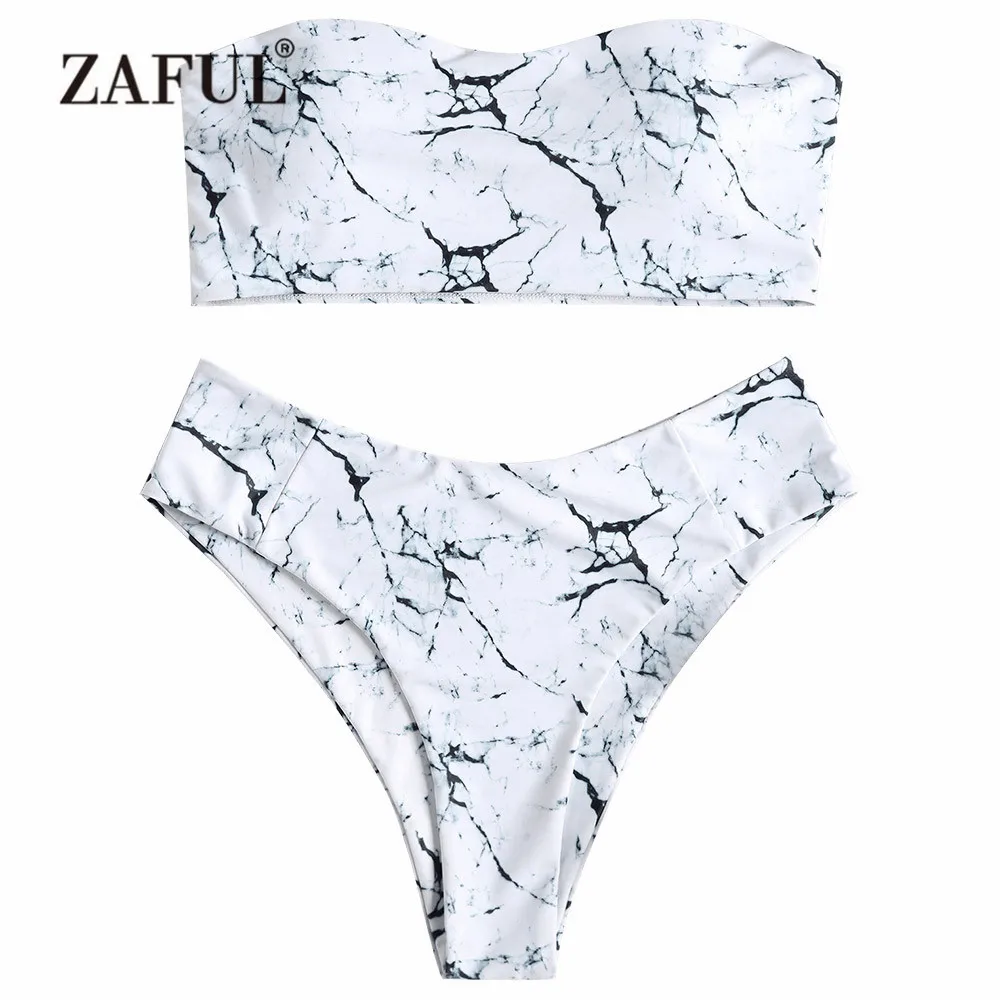  ZAFUL Plus Size Marble Bikini Swimwear Women High Waist Swimsuit Sexy Straples Bandeau High Cut Swi